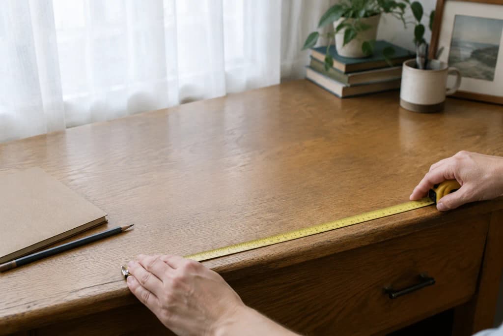 Hands pressing a yellow cloth tape measure along an oak desk edge beside a pencil and a small blank kraft notepad