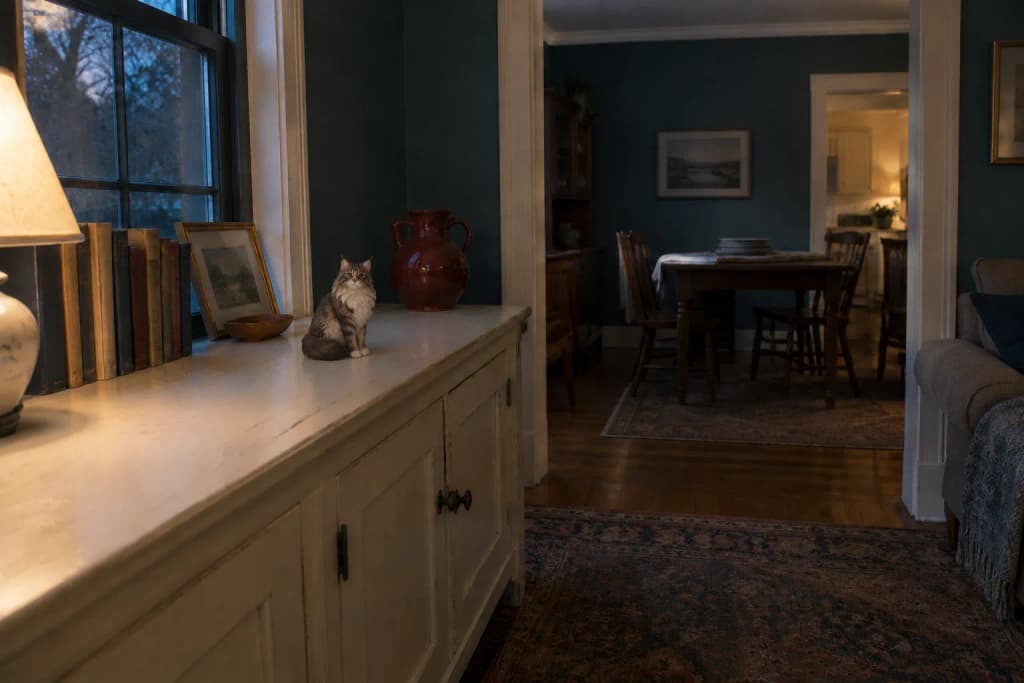 Teal living room at night with a brown tabby Maine Coon figurine on a low cream cabinet, a cleared dining table beyond