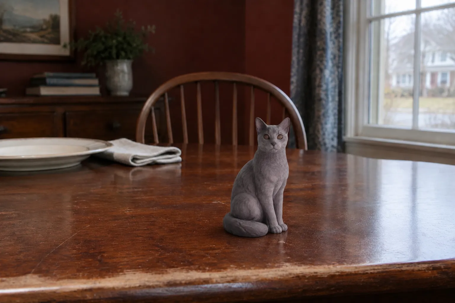 Russian Blue cat figurine on a cherry dining table at an empty place, a pushed-in chair and ironstone plate nearby