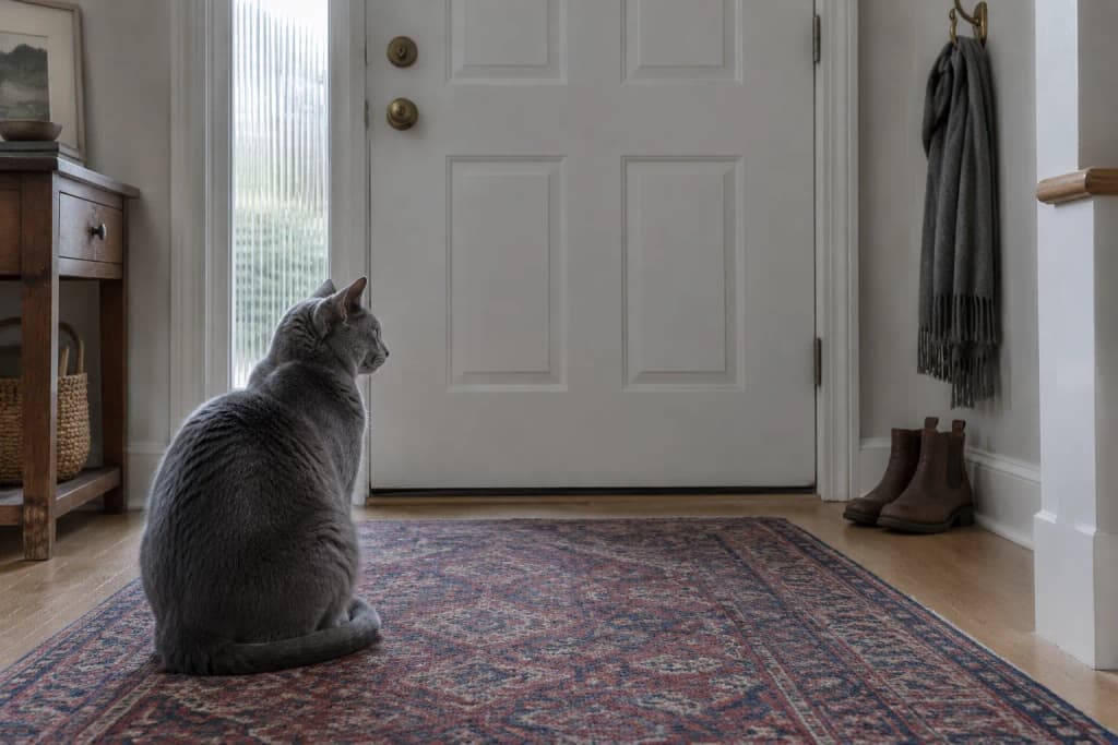 Russian Blue cat with a blue-grey coat sitting on a worn rug facing a closed white front door in a front hall