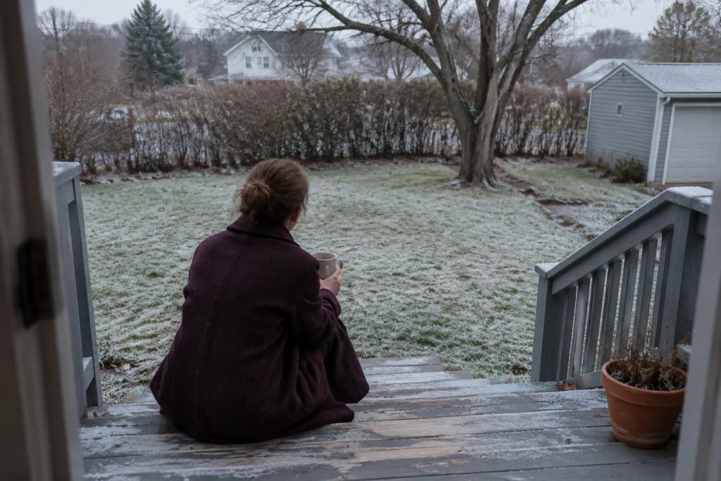 A person in a wool coat seen from behind, sitting on wooden back steps with a mug, facing a frosted bare backyard