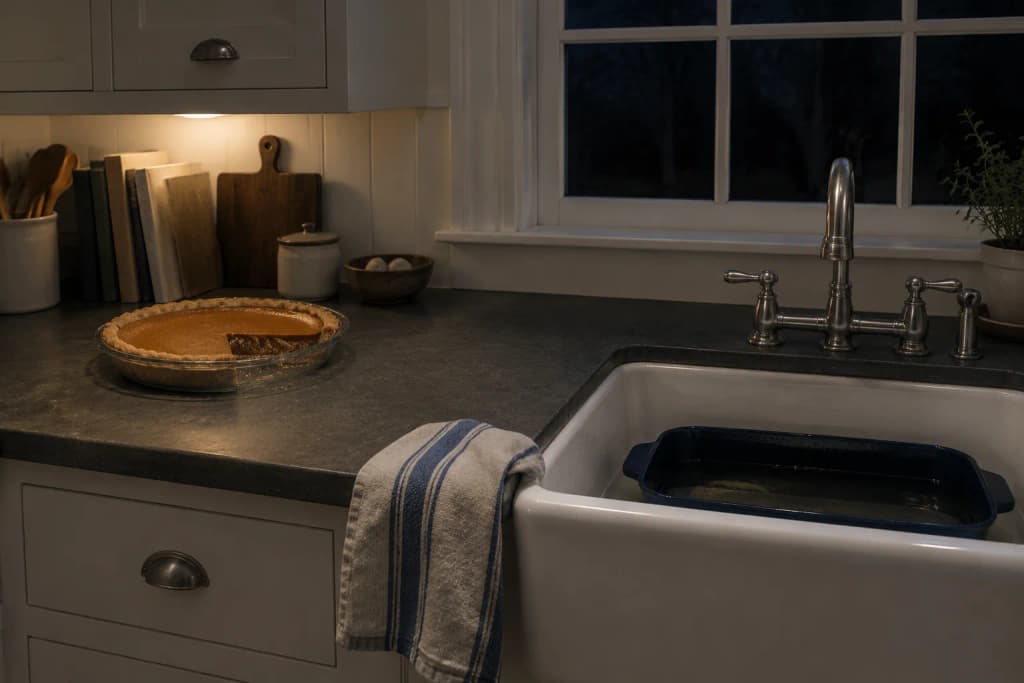 A pie with an uneven slice missing on a kitchen counter at night beside a towel and a roasting pan soaking in the sink