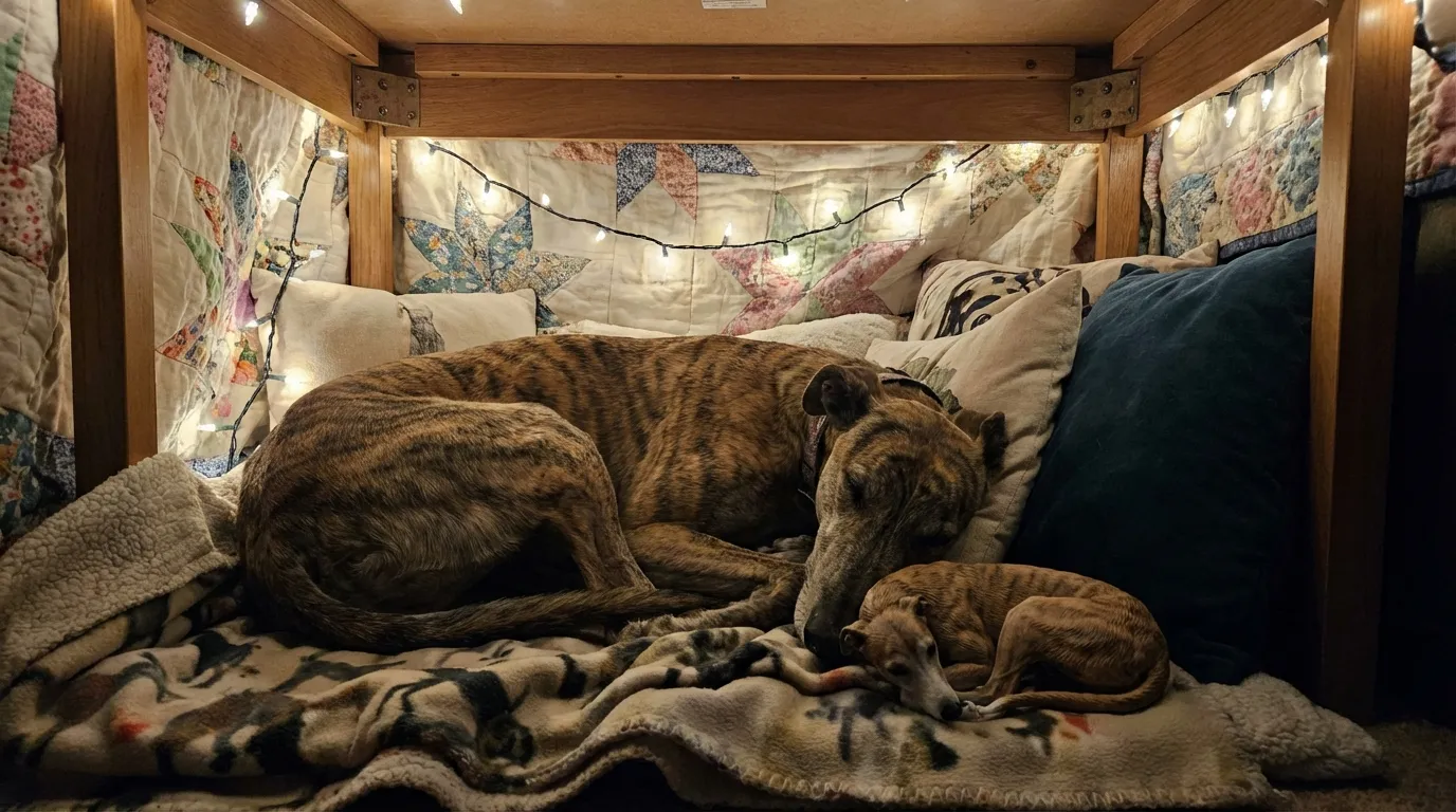 A real Greyhound resting next to its miniature 3D printed replica.