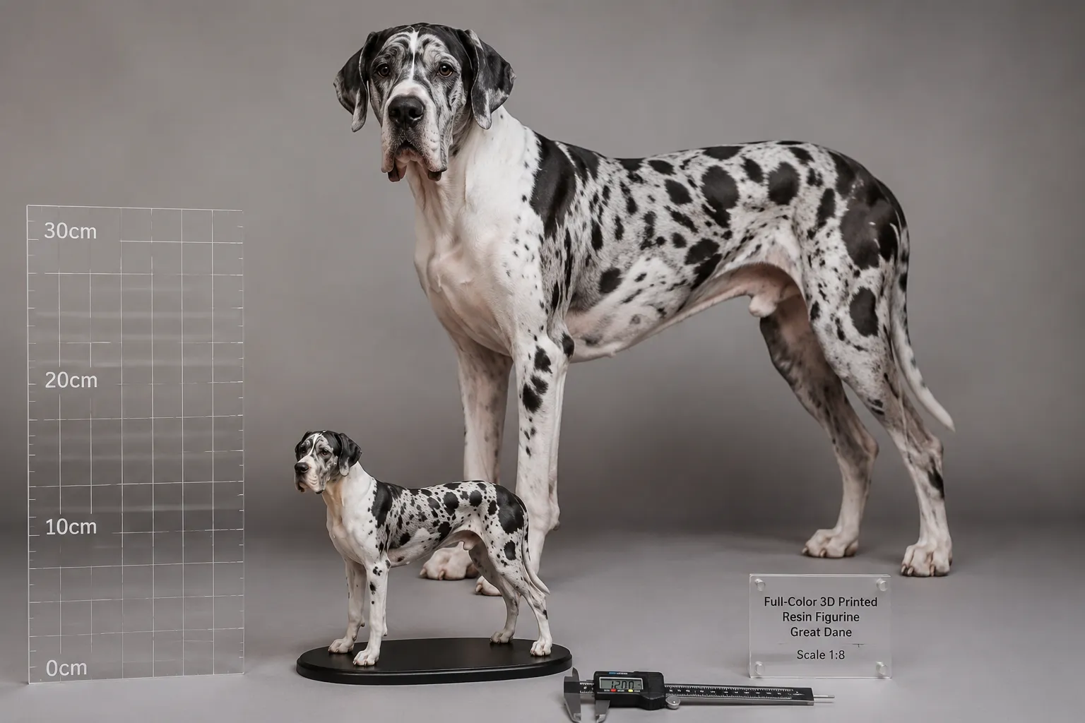 A Great Dane resin figurine shown with scale references beside a real Great Dane for proportion accuracy
