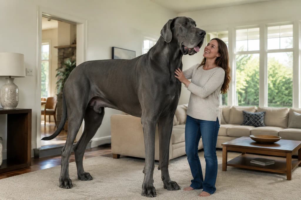 A gentle Great Dane standing beside its owner in a bright living room, showing the breed's impressive scale