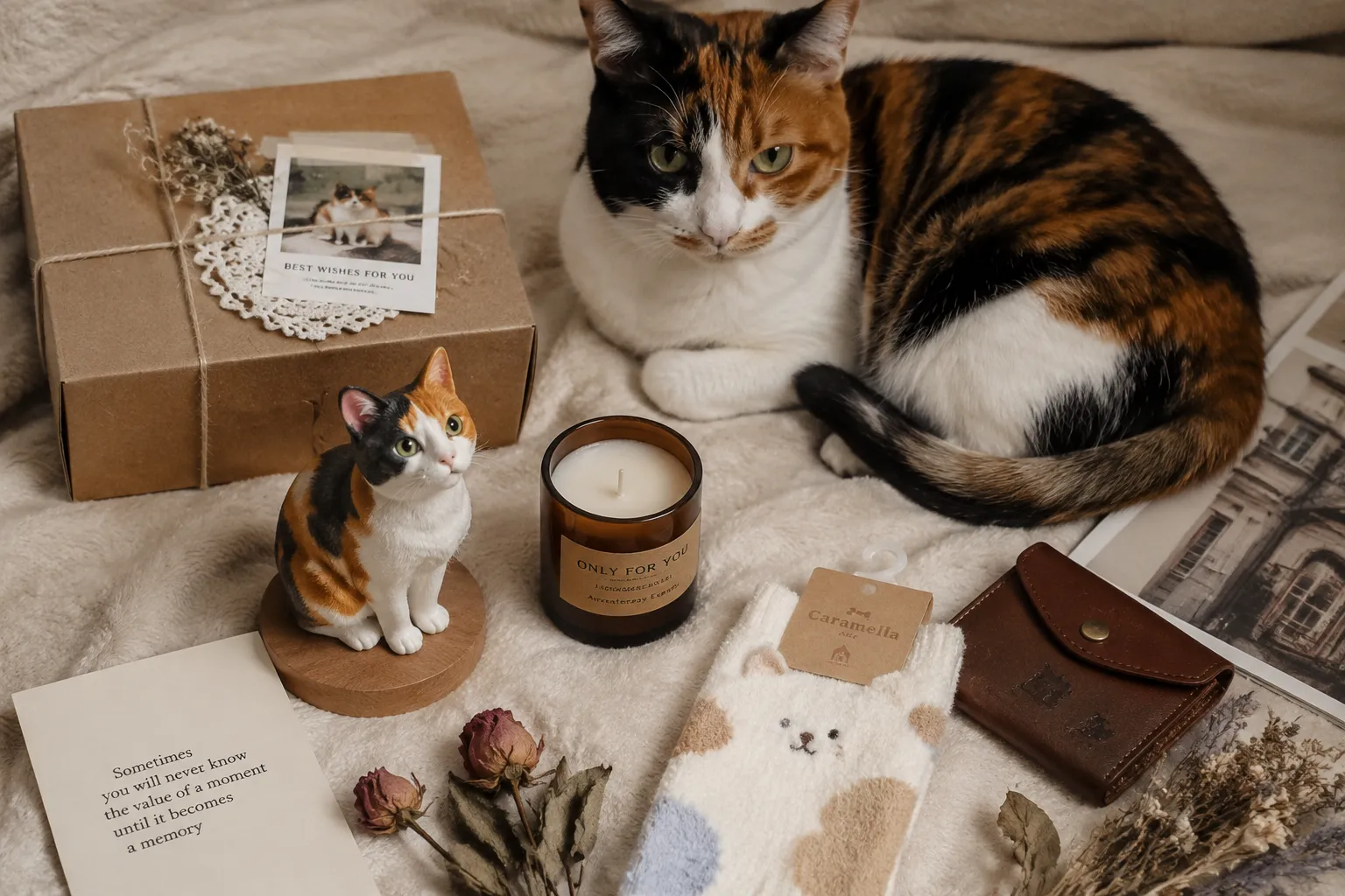 A real Calico cat curled near a small full-color resin figurine among affordable thoughtful gift items
