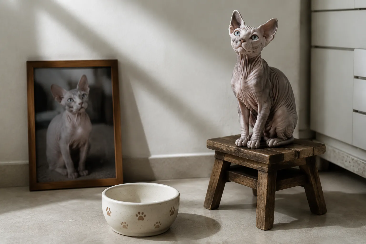 An untouched food bowl on a kitchen floor near a Sphynx cat's full-color resin figurine and framed photo