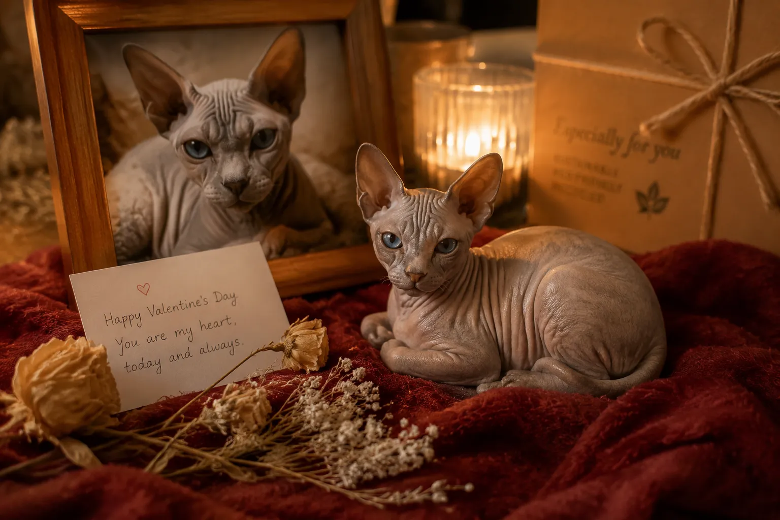 A Sphynx cat resin figurine on red fabric with a card and dried flowers in a warm Valentine's arrangement