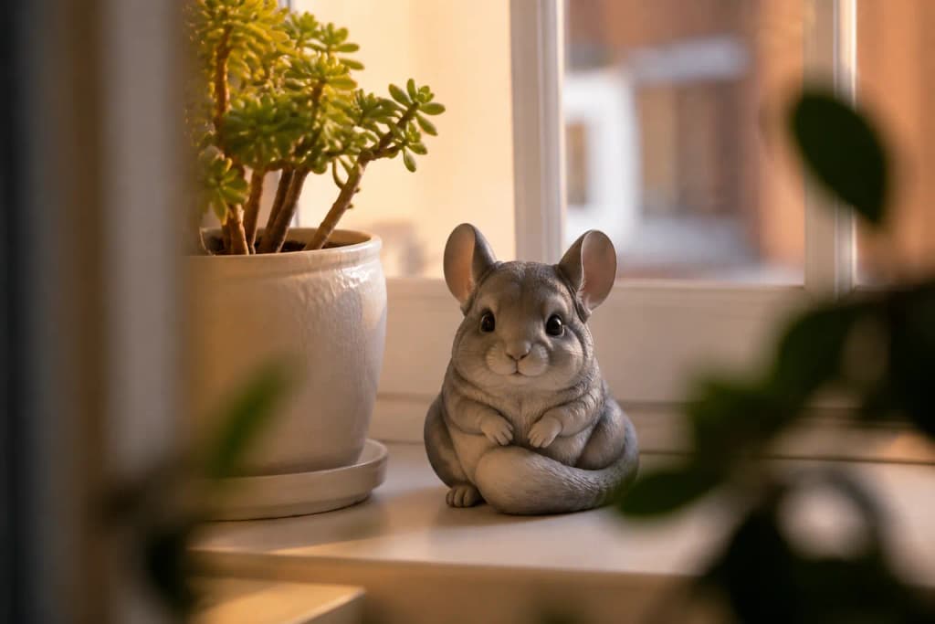Chinchilla figurine sitting upright with round ears and plush coat — in-article view