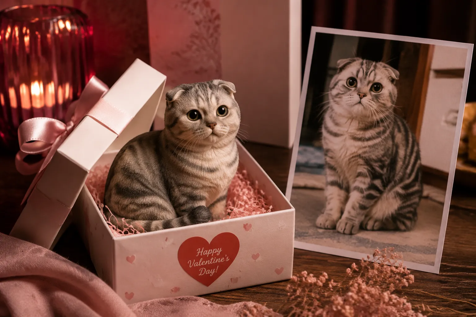A Valentine's box revealing a resin Scottish Fold figurine on a cozy table in soft warm pink light