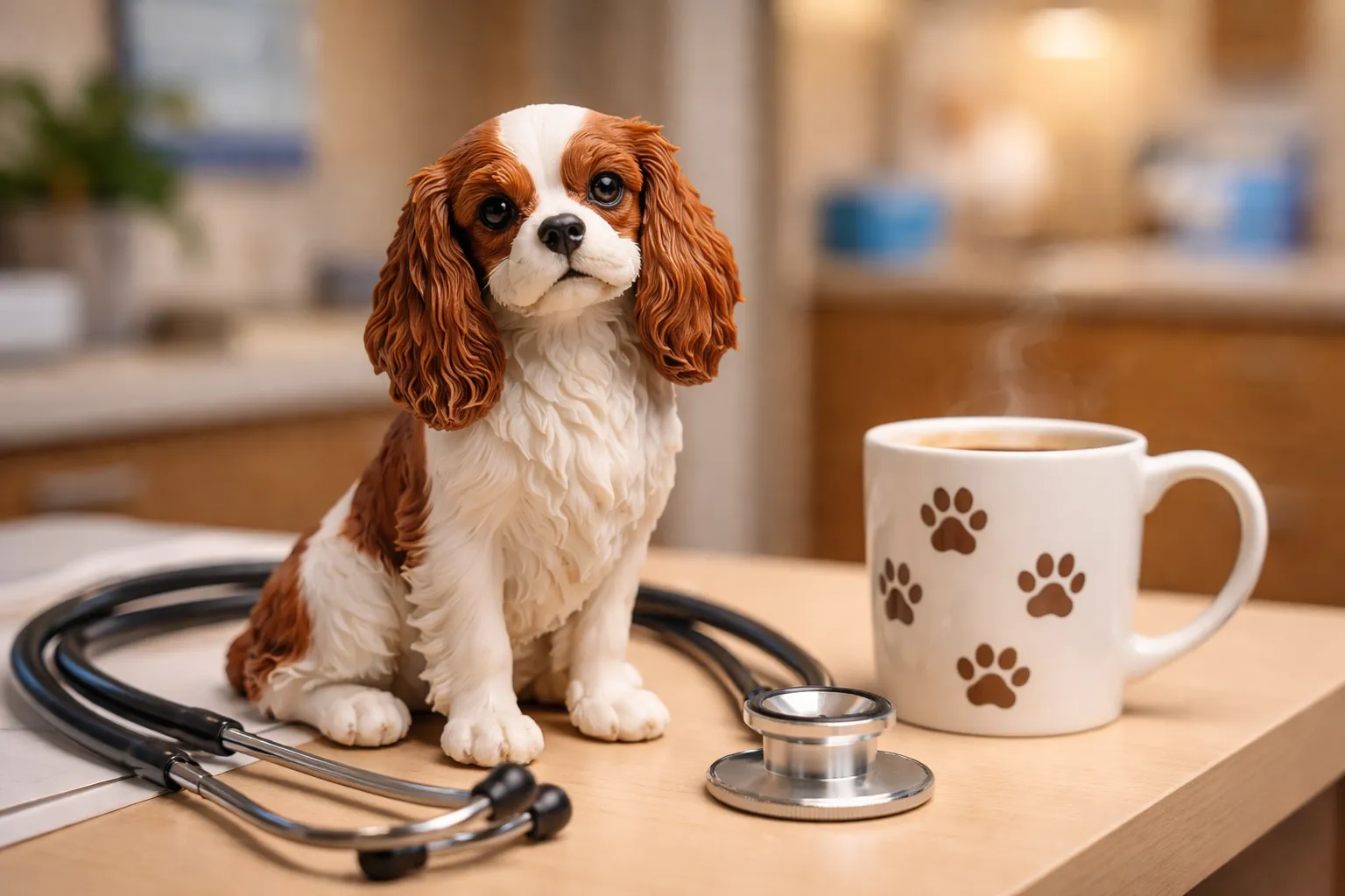 Small full-color 3D printed resin Cavalier King Charles figurine on a vet clinic desk beside a stethoscope and paw print mug
