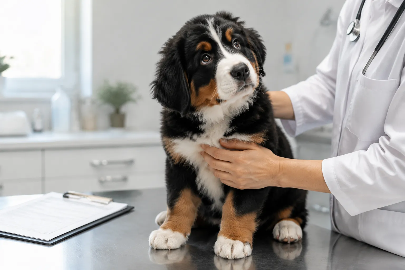Bernese Mountain Dog puppy on avet examination table being gently examined with a checklist clipboard nearby