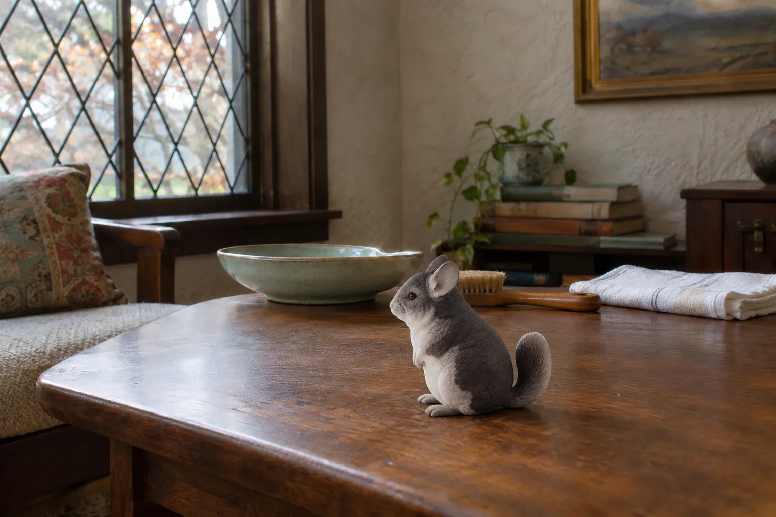 Grey chinchilla figurine on a walnut table beside a stoneware dust dish and a goat-hair brush in a sunroom
