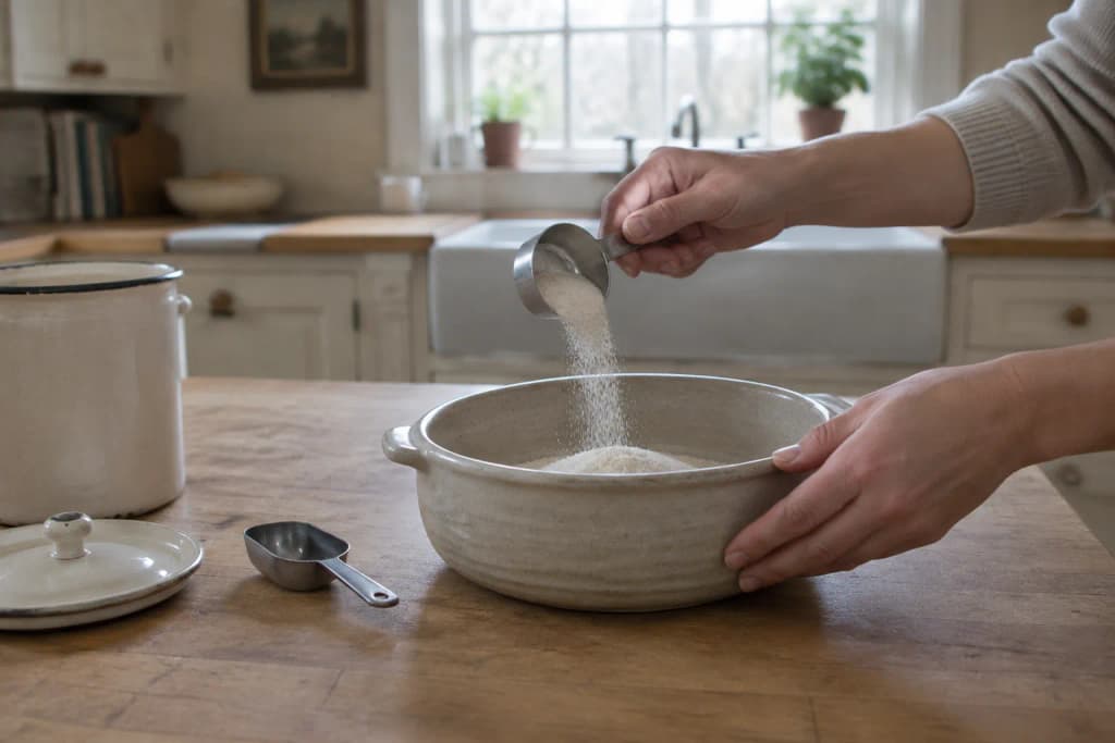 Hands tipping a shallow scoop of fine chinchilla dust into a wide stoneware dish on a maple counter