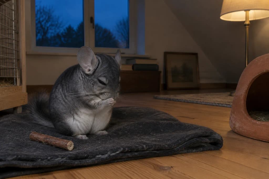 Elderly standard grey chinchilla sitting on a folded wool blanket on a pine floor, washing a front paw in lamplight