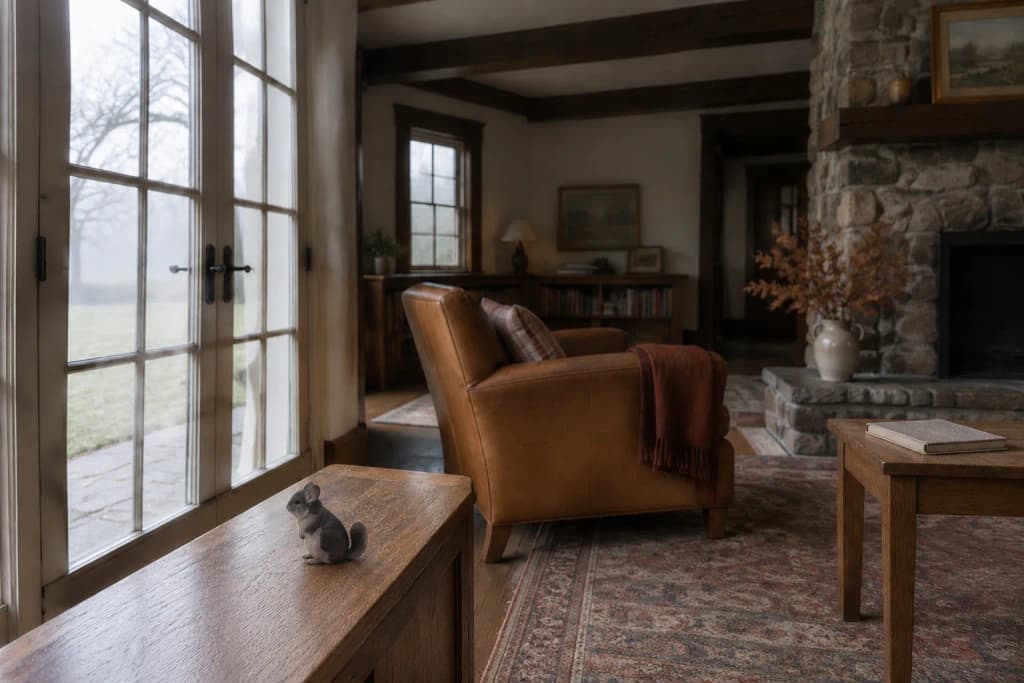 Tudor living room in foggy morning light, a small grey chinchilla figurine on a low oak shelf by French doors