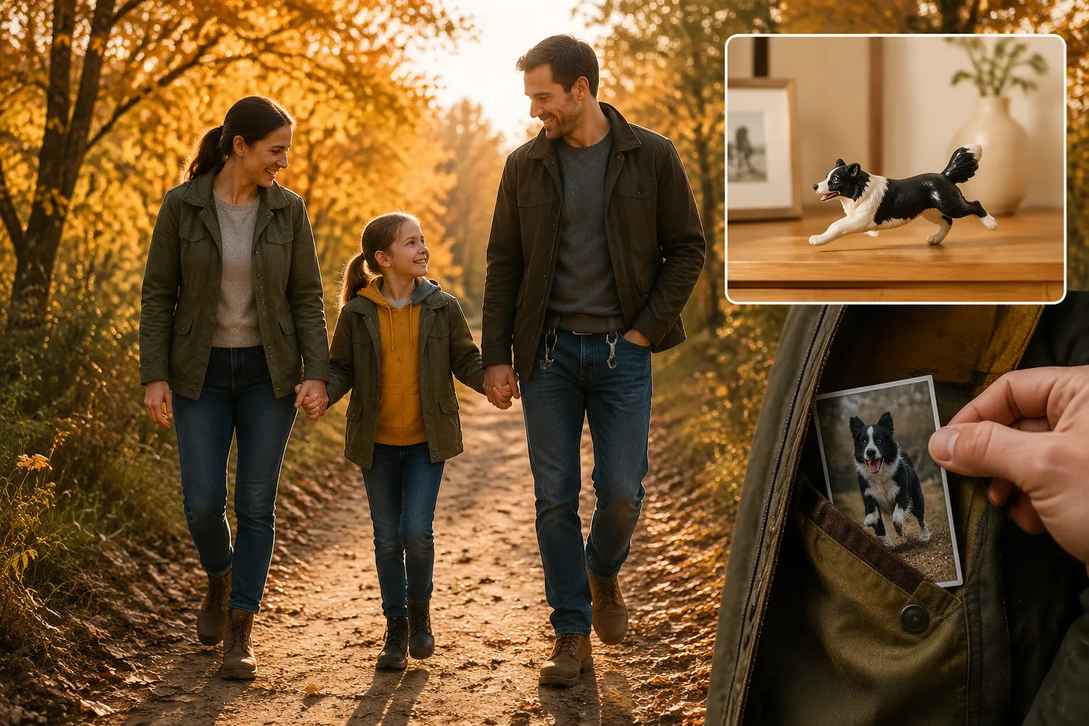 Family walking a familiar trail with empty leash clip visible, full-color 3D printed resin Border Collie figurine implied at home on mantel