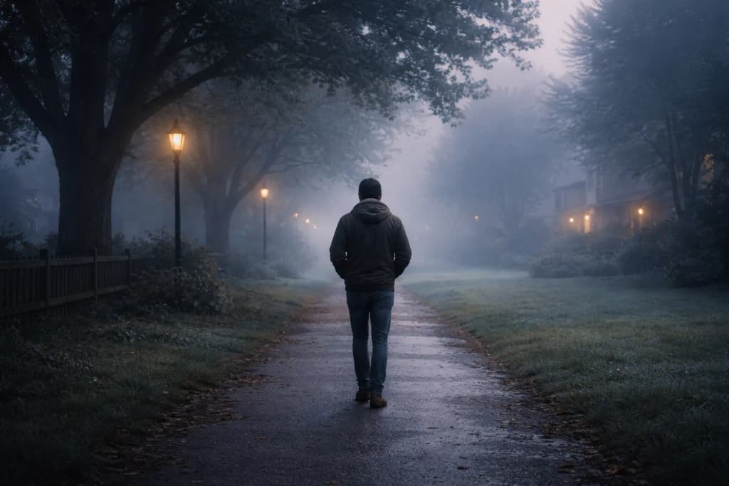 Person walking alone on a familiar neighborhood path in early morning mist with deliberate meditative steps