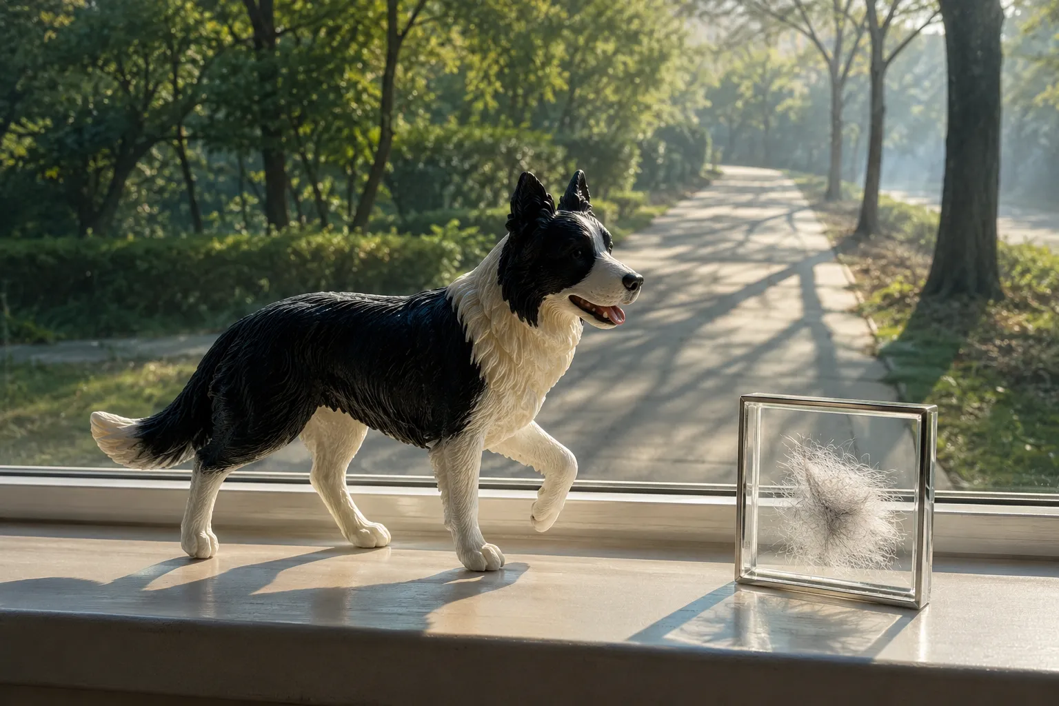 Full-color 3D printed resin Border Collie figurine in stride on a windowsill overlooking a walking path with a fur clipping frame beside it