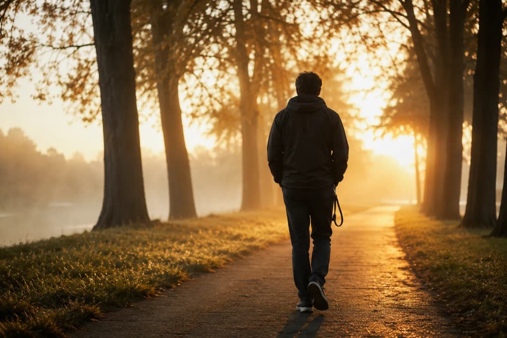 Person walking alone on a misty tree-lined path at dawn with an empty leash clipped to their belt loop
