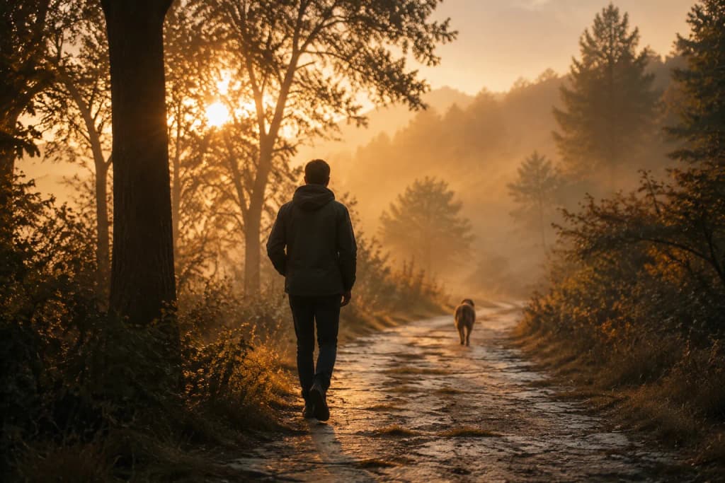 A person walking a misty woodland trail at sunrise with one dog ahead, a quiet healing moment in grief