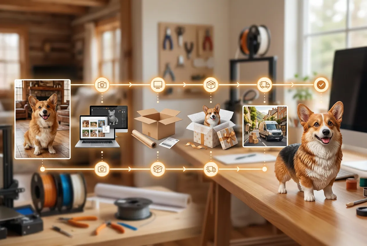 Visual ordering timeline from Corgi photo submission to receiving the full-color 3D printed resin figurine