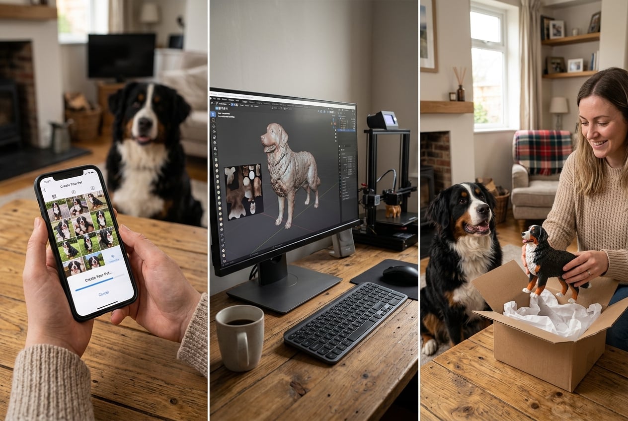 Step-by-step journey from phone photo to digital model to unboxing a full-color 3D printed Bernese Mountain Dog figurine