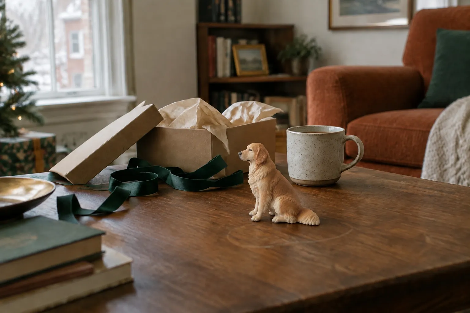 Golden Retriever figurine on a walnut coffee table beside an opened gift box, tissue paper and a coffee mug