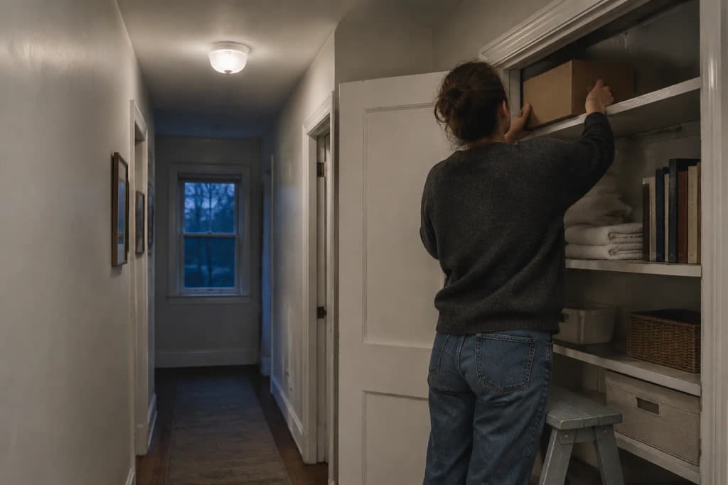 Person seen from behind on a step stool sliding a plain brown box onto the top shelf of a hallway linen closet