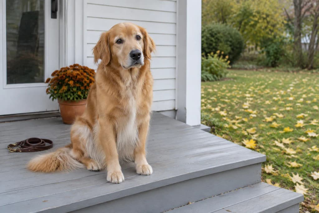 Golden Retriever sitting on gray back porch steps, leaning forward, with fallen yellow maple leaves on the lawn