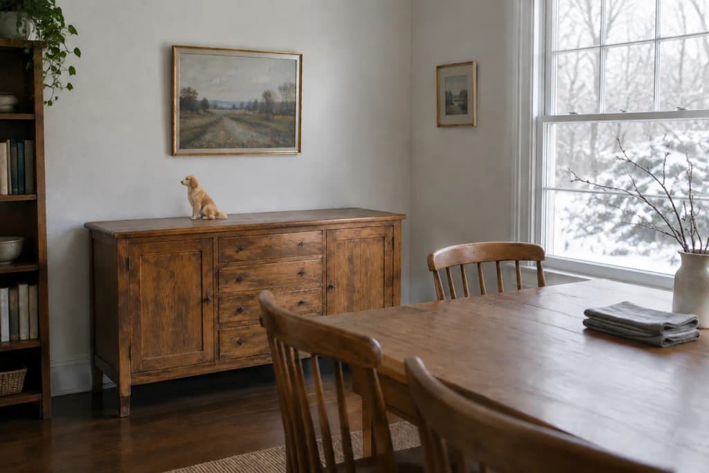 Dining room in winter light with a Golden Retriever figurine on an oak sideboard beside a stoneware pitcher