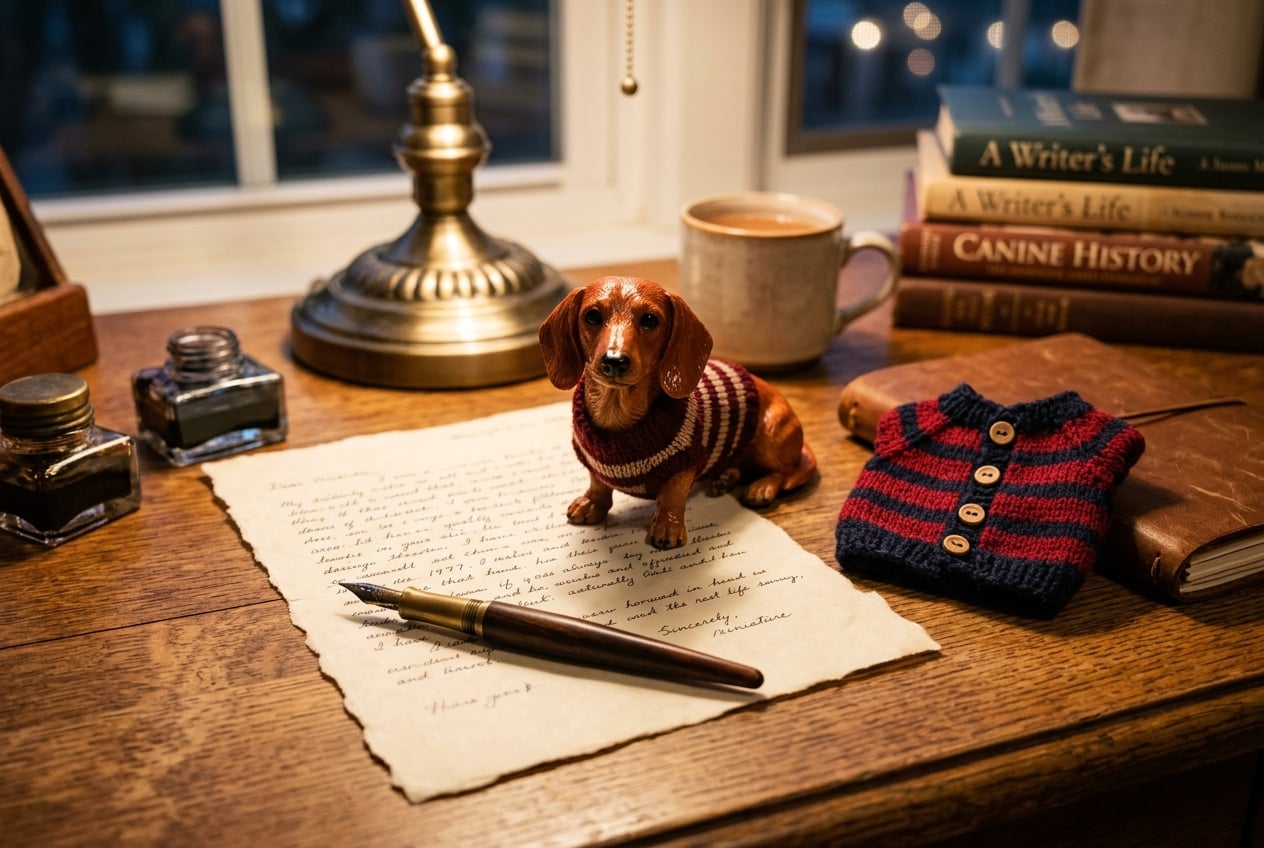 Full-color 3D printed resin figurine of a Dachshund on a handwritten letter beside a folded tiny dog sweater
