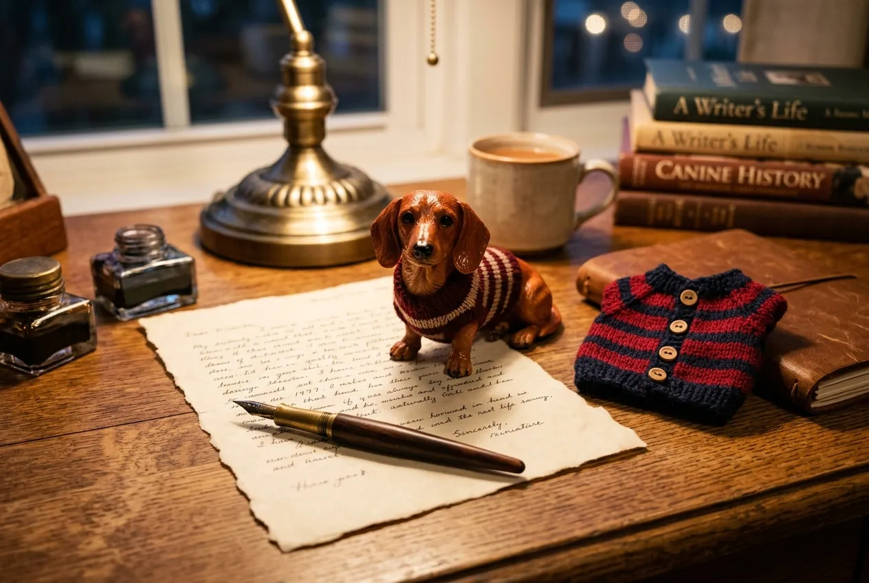 Full-color 3D printed resin figurine of a Dachshund on a handwritten letter beside a folded tiny dog sweater