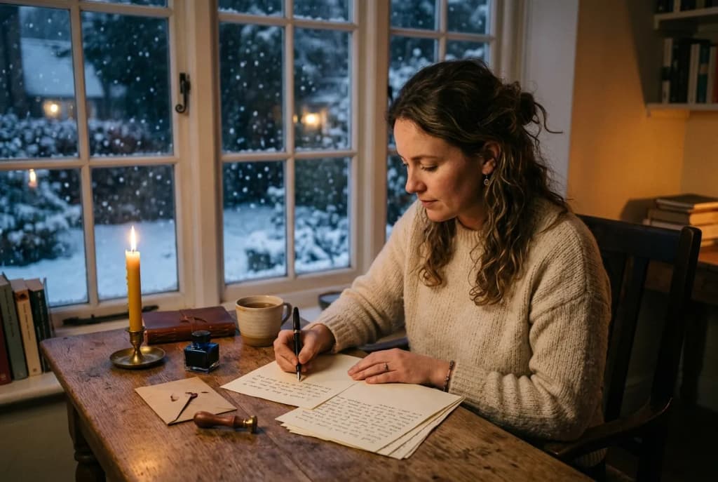 Person writing a handwritten letter at a wooden desk by candlelight with snow falling outside the window