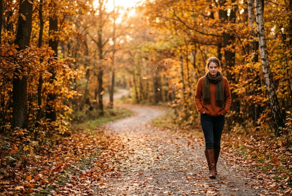 Person walking alone through an autumn park at golden hour, finding peace after a difficult decision