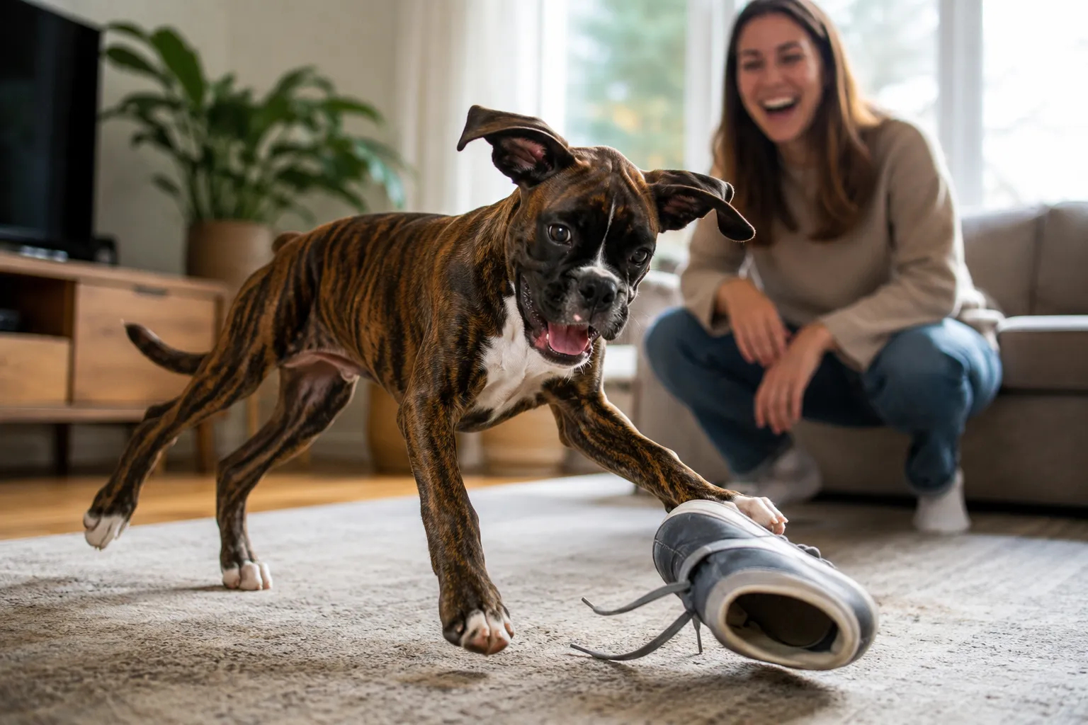 Young brindle Boxer playfully knocking over a shoe while owner laughs in a bright living room